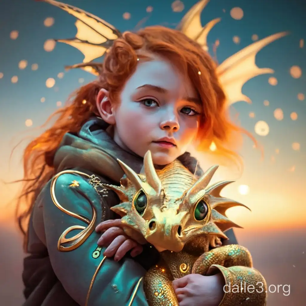 Cute young redhead irish cyberpunk girl holding her golden baby dragon, fantasy, exquisite detail, 30 - catch light, low - contrast, high - sharpness, depth - of - field, golden - hour, ultra - detailed photography, shiny stars in the sky