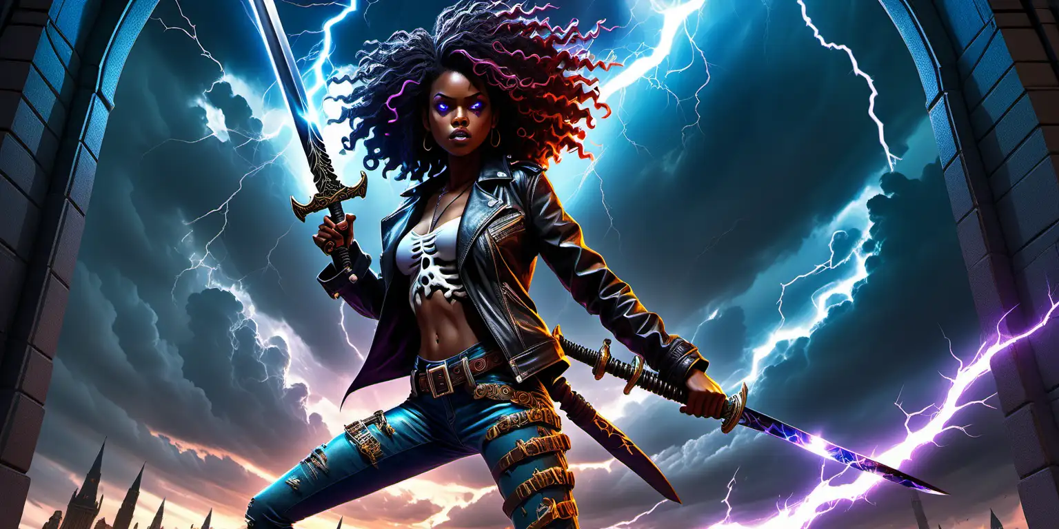 A vibrant book cover with lightning flashing across the sky, a colourful portal and a Black woman with curly hair and leather jacket and trousers holding a black sword in the right hand, a skeleton-like monster attacking, ray tracing, 32k, extreme and intricate detail, detailed lighting, dramatic effect, book cover art, anime style, UHD, cinematic, unreal engine 5, photo real