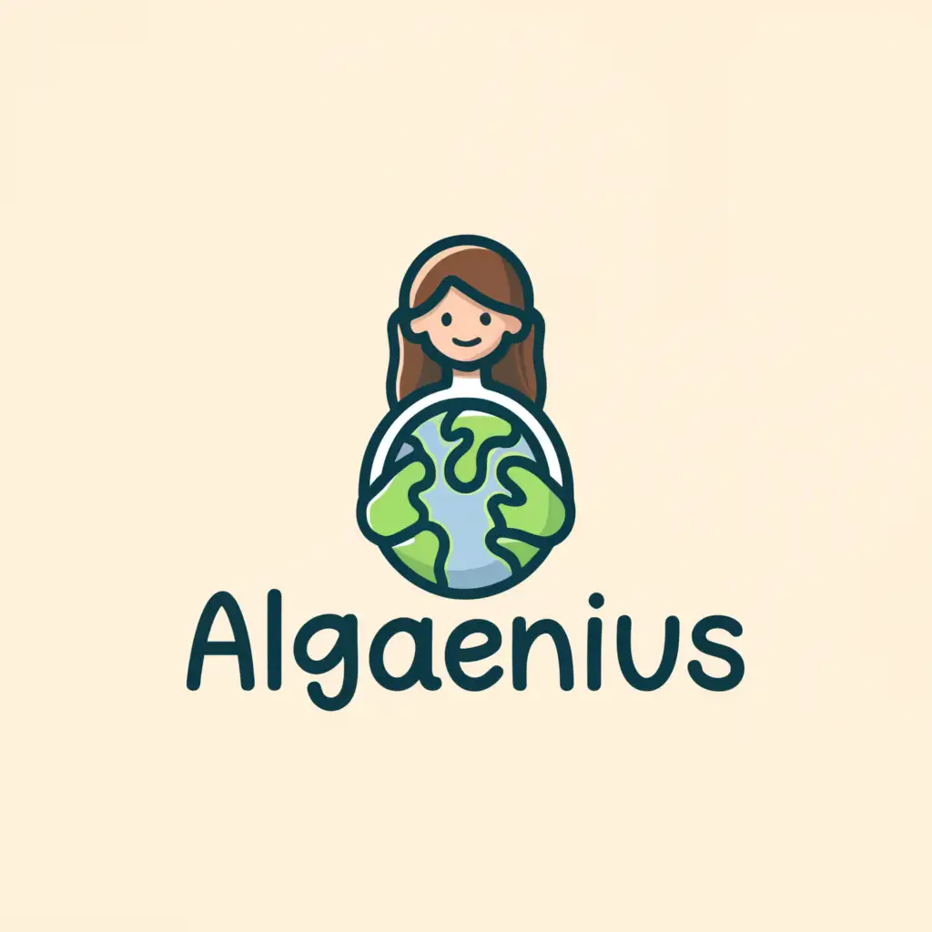 a logo design,with the text "Algaenius", main symbol:a logo design, with the text "Algaenius", main symbol: The earth with a girl holding algae in a bottle, transforming universe saltwater into drinkable water, on a gray background,Minimalistic,be used in Education industry,clear background