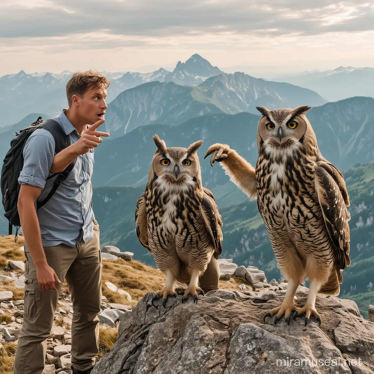 Tow confused germans pointing at an owl on a mountain top
