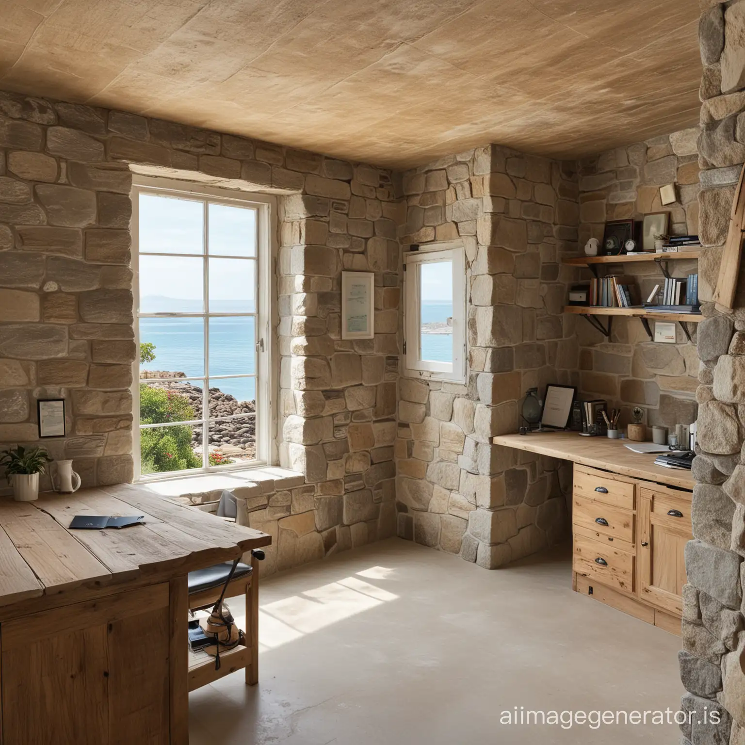Rustic 160 square foot office in a stone sea cottage with a small long window on only one wall looking out towards the sea