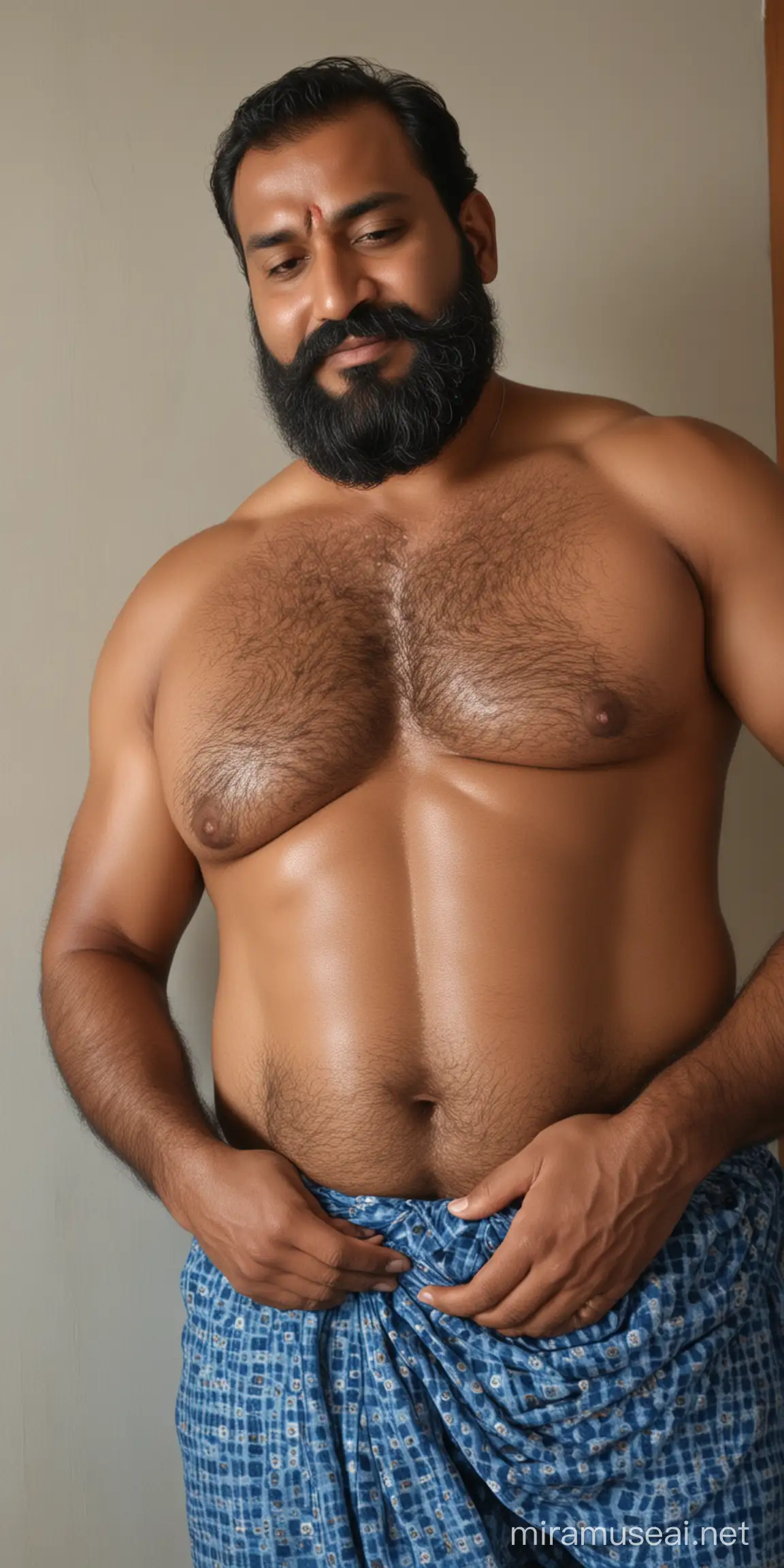 Summer midnight,Indian Handsome mature muscular beefy daddy with big fat pot belly and stunning features cuddling ,Wearing a blue lungi, entire body is drenched in midnight sweat and glistening from the light of moon from the big window in the room. His body is hairy and has a hairy chest and full beard. The sight is truly mesmerizing as they looks stunning even in his sleep