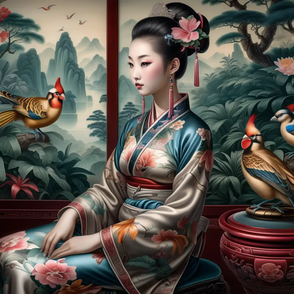 Traditional Chinese Courtesan in a BaroqueInspired Bird Conservatory with Ming Vase Painting