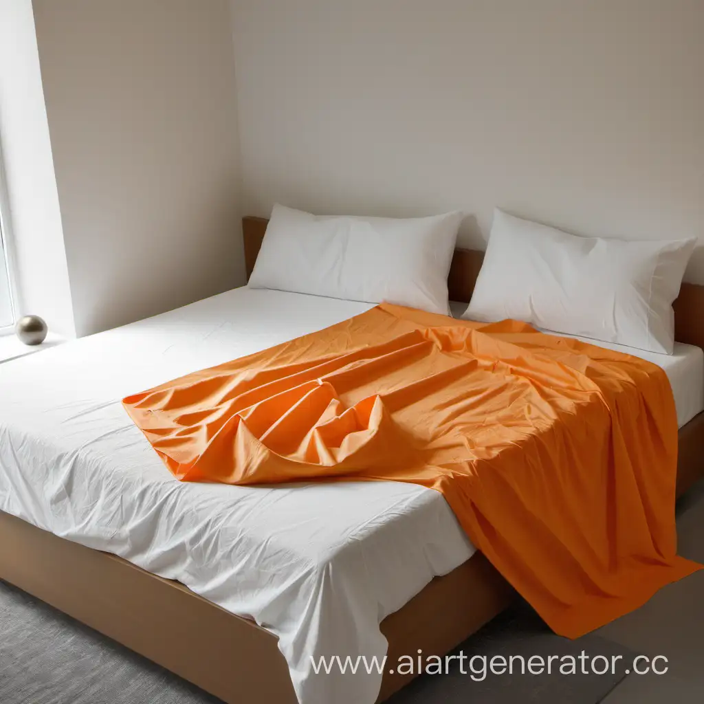 оранжевая ровная натянутая простынь на кровати, за кроватью окно