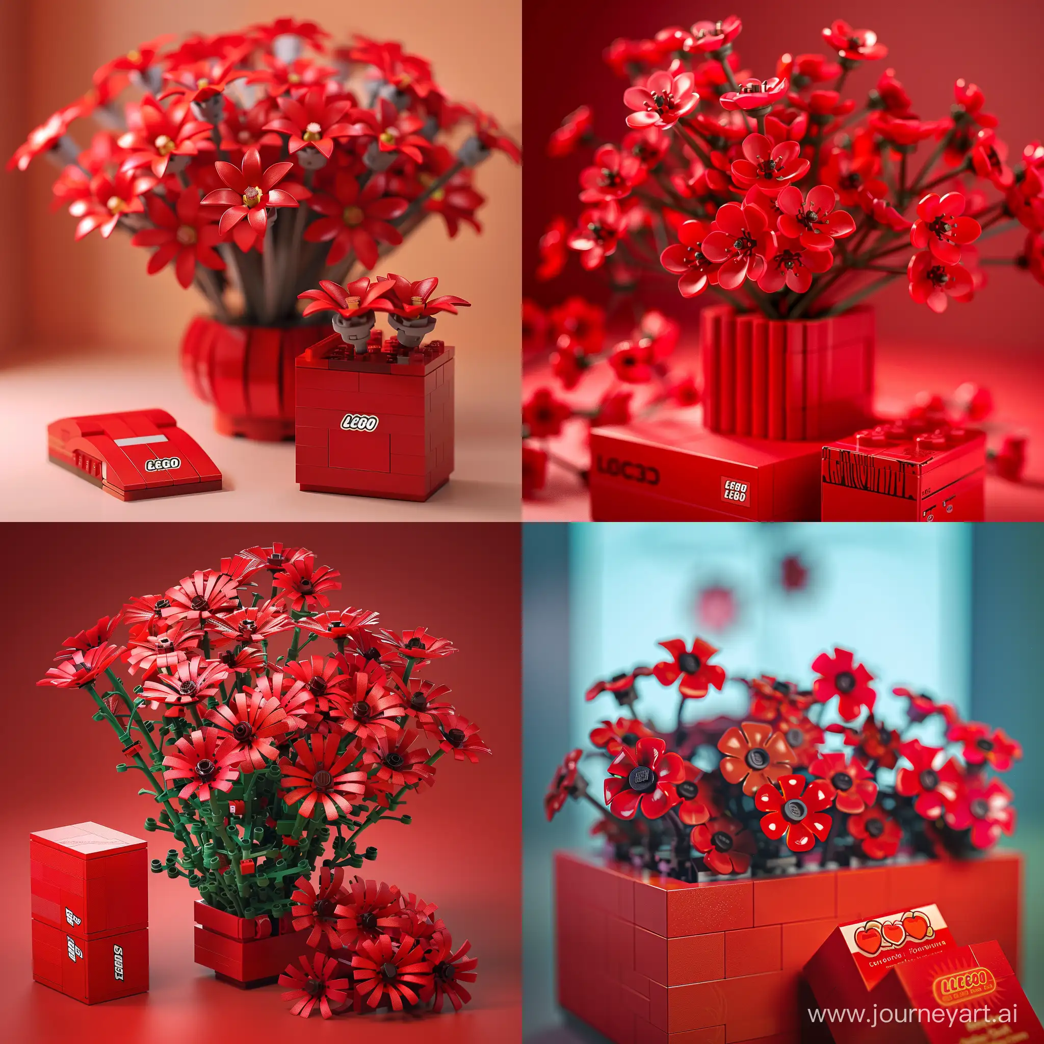 write 3d background, Very beautiful red lego flowers, a red lego box with the same flowers in the foreground, also add package of lego company of these red flowers 
