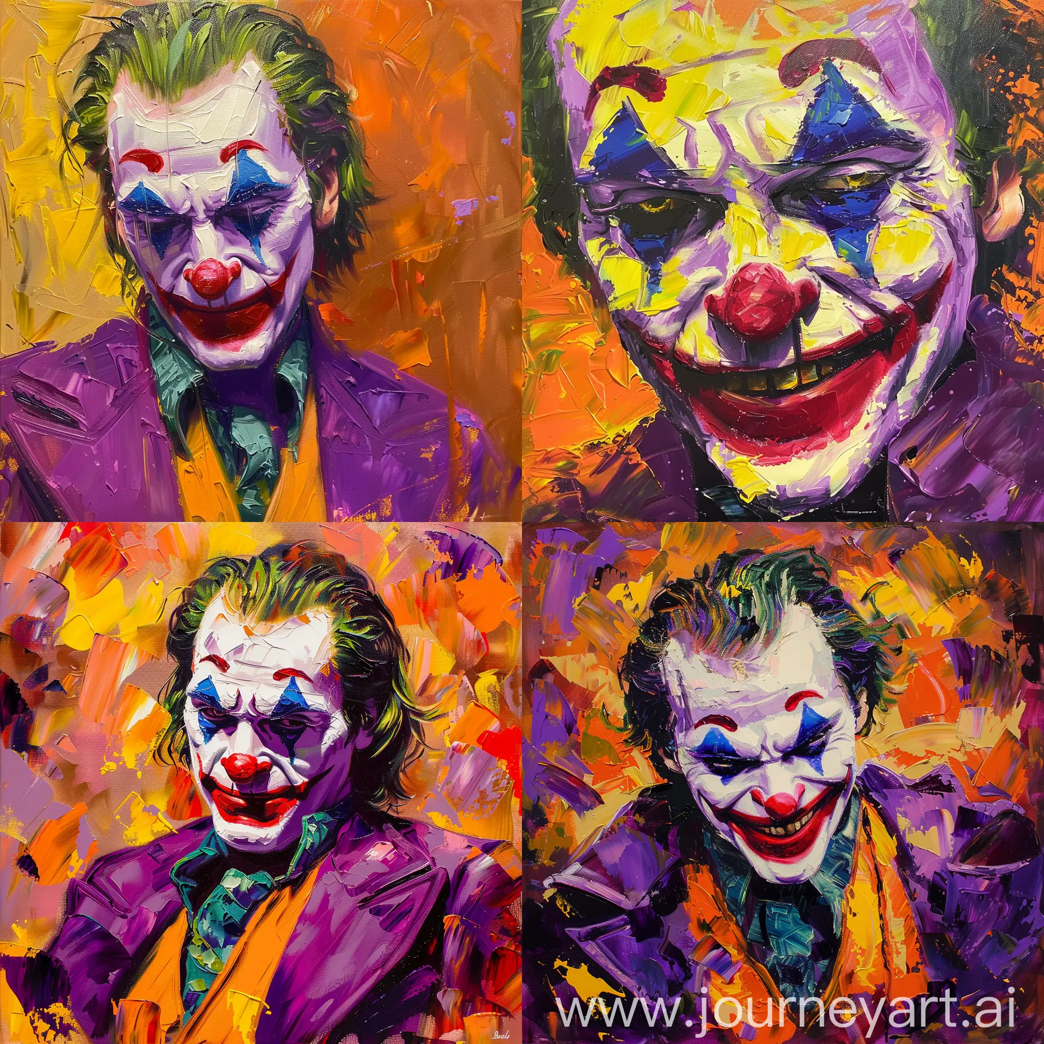 oil painting of joker in star wars style with bright purple, yellow, orange and red
