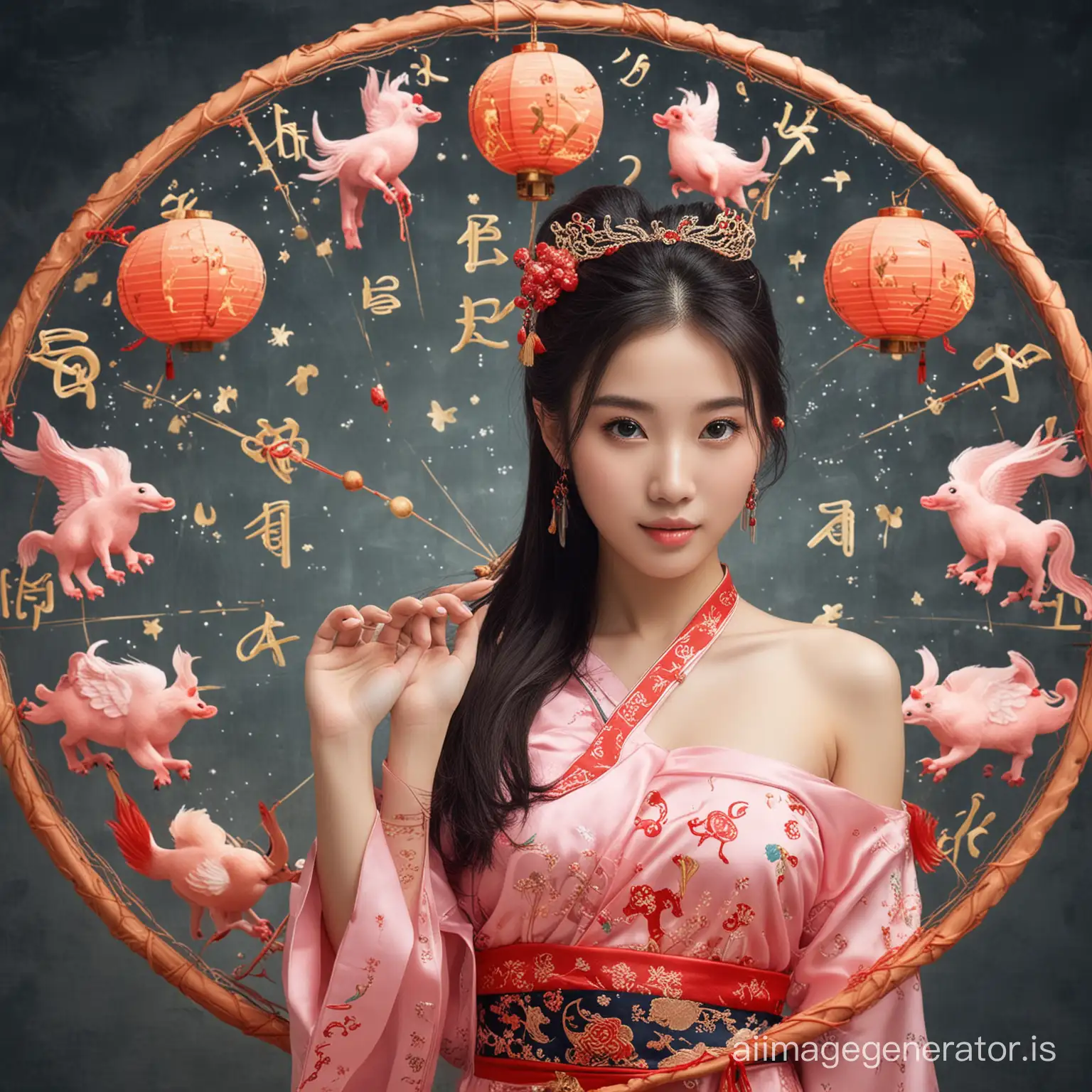 Beautiful Chinese girl  and symbol of 12 Zodiac Signs