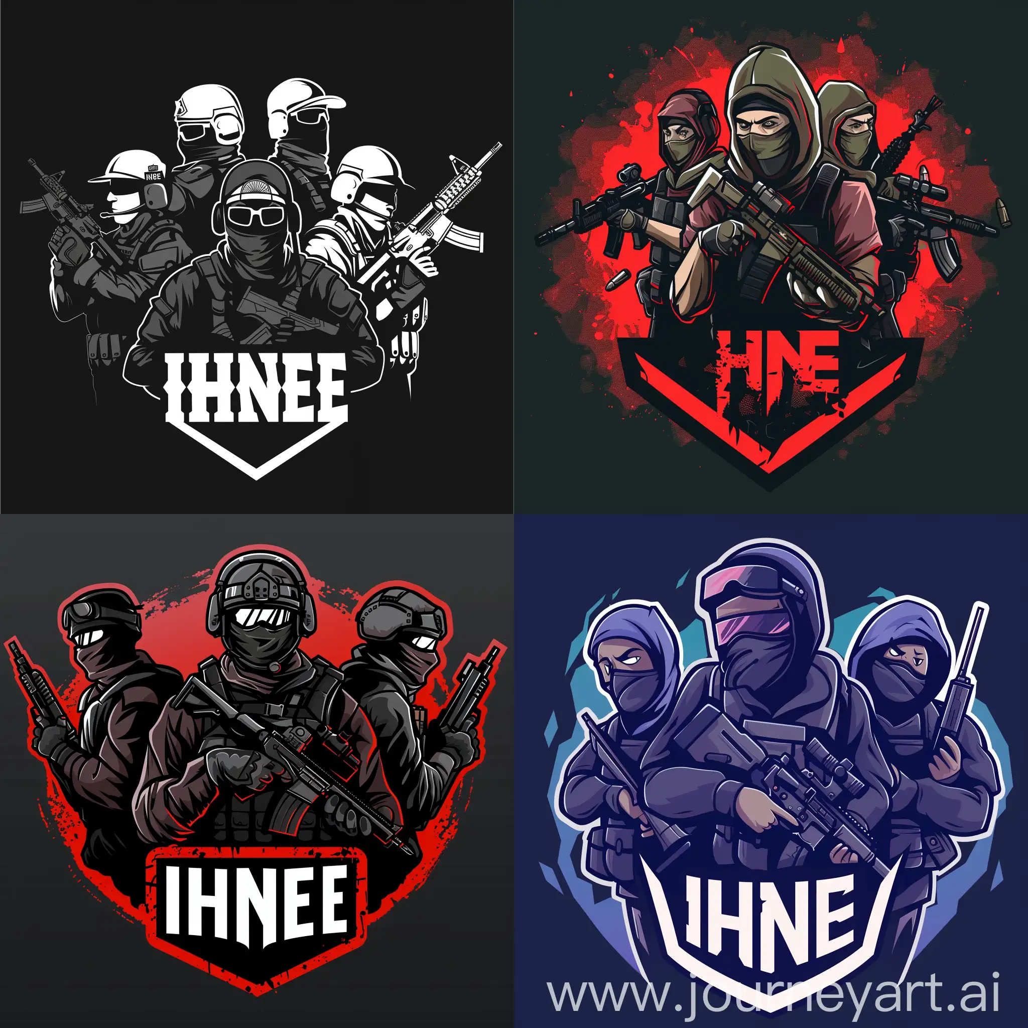 Логотип для команды по игре шутер CS2 с надписью IHNEE. 5 крутых террористов с оружием