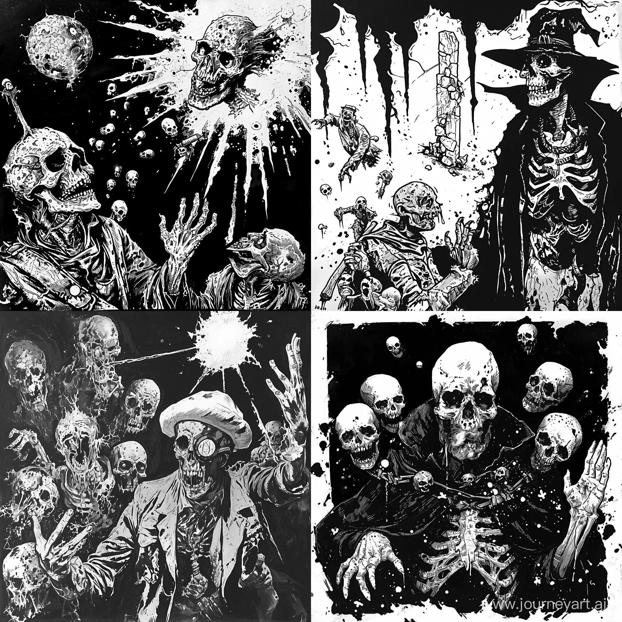 Rorschach test, black and white, necromancer raises undead from the grave