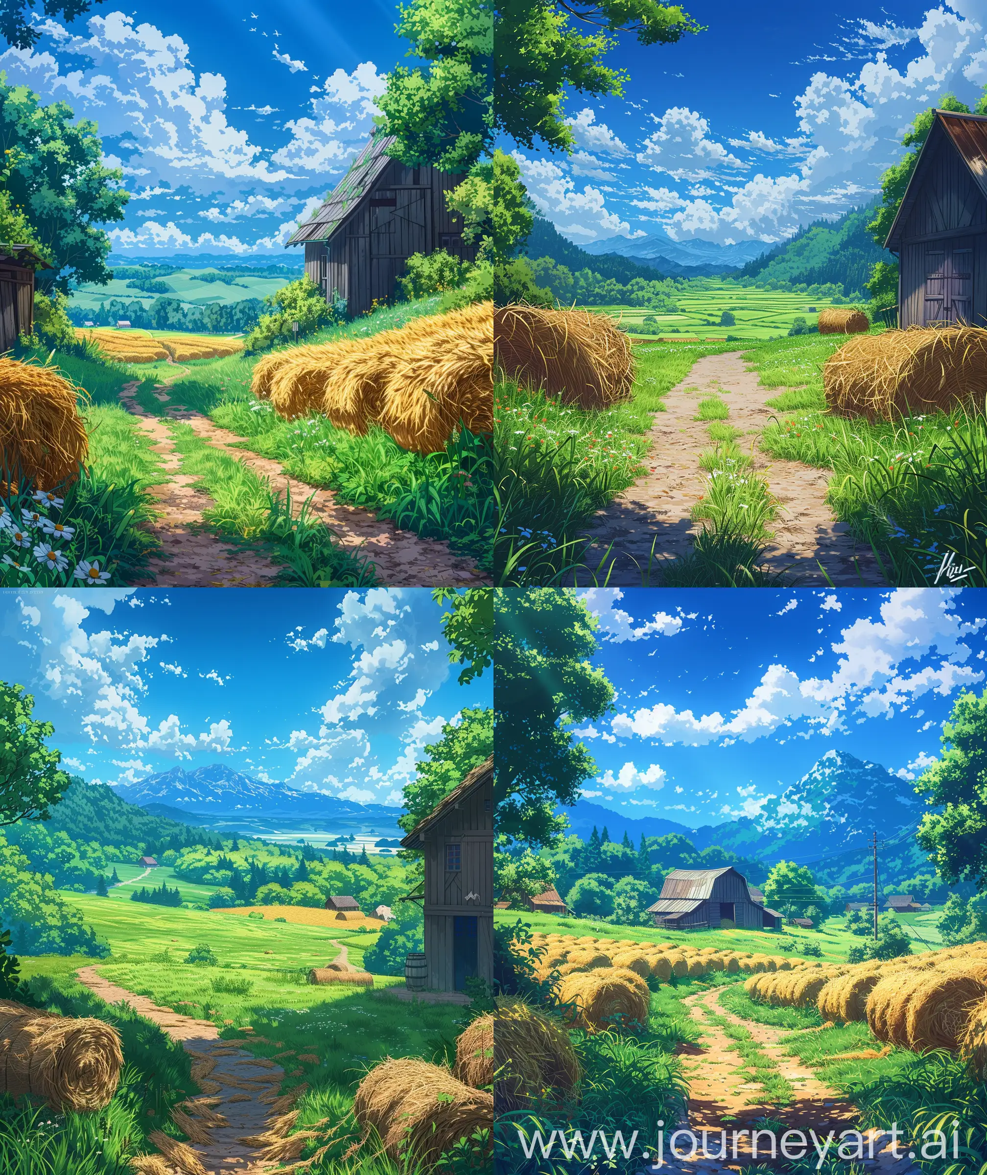 Beautiful anime scenary, illustration, mokoto shinkai and Ghibli style, direct front facade view of farm land, hay, grass, path leading the farm, barn, anime scenary, day time, beautiful blue sky, ultra HD, high quality, sharp details, no hyperrealistic --ar 27:32 --s 400