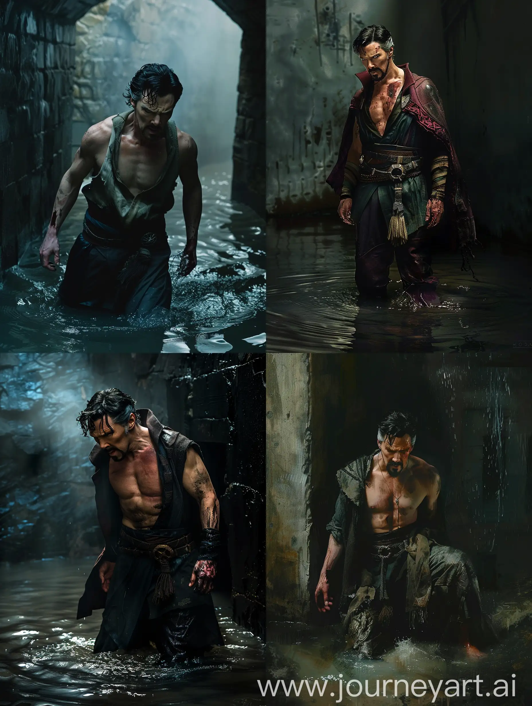 Doctor-Strange-in-Ripped-Shirtless-Outfit-in-Dark-Room-with-Rising-Water