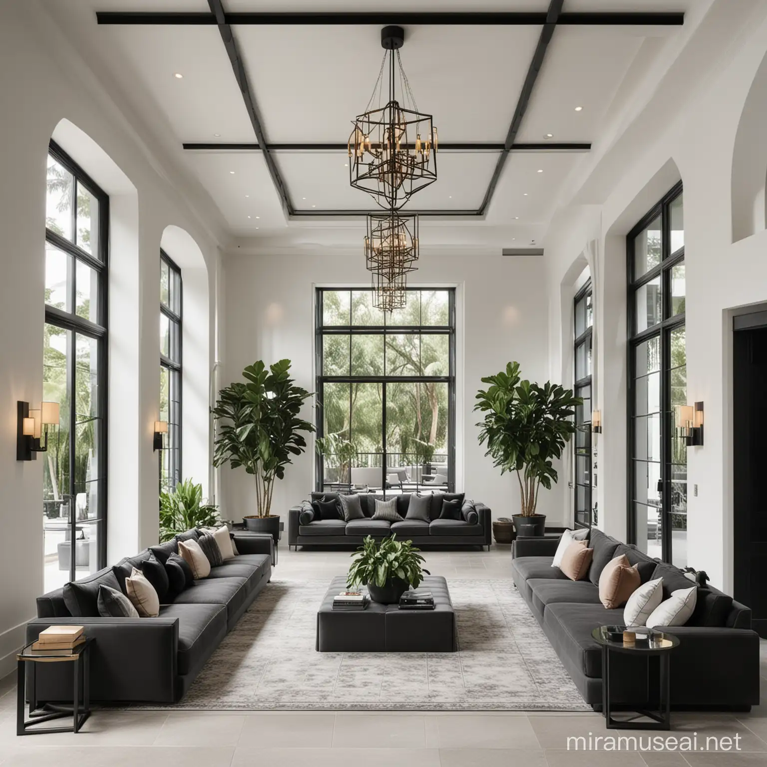 large modern, contemporary hotel lobby with white walls, large windows, geometric chandelier and sconces with black finishes, and coffered ceilings. large plants throughout the place with two L shaped couches