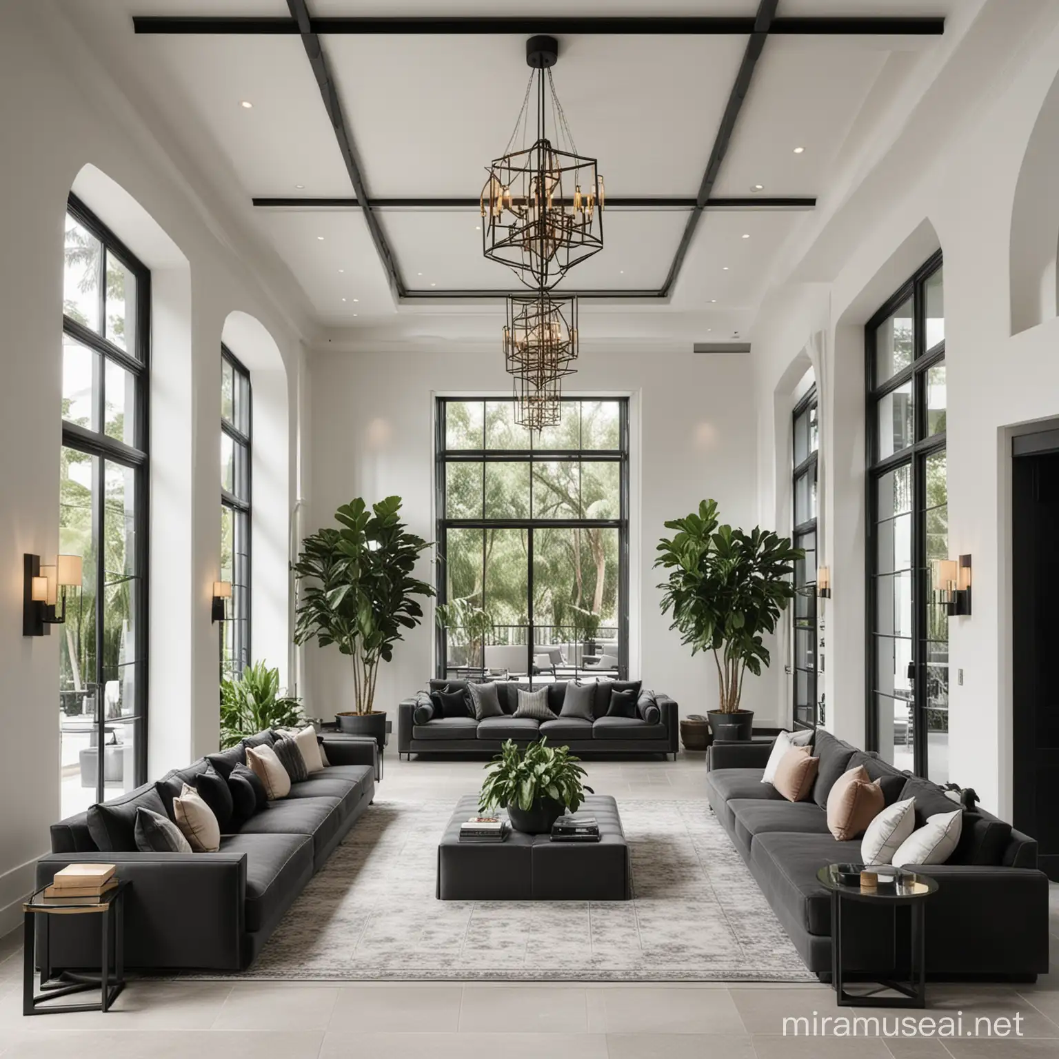 Contemporary Hotel Lobby with Geometric Chandelier and LShaped Couches