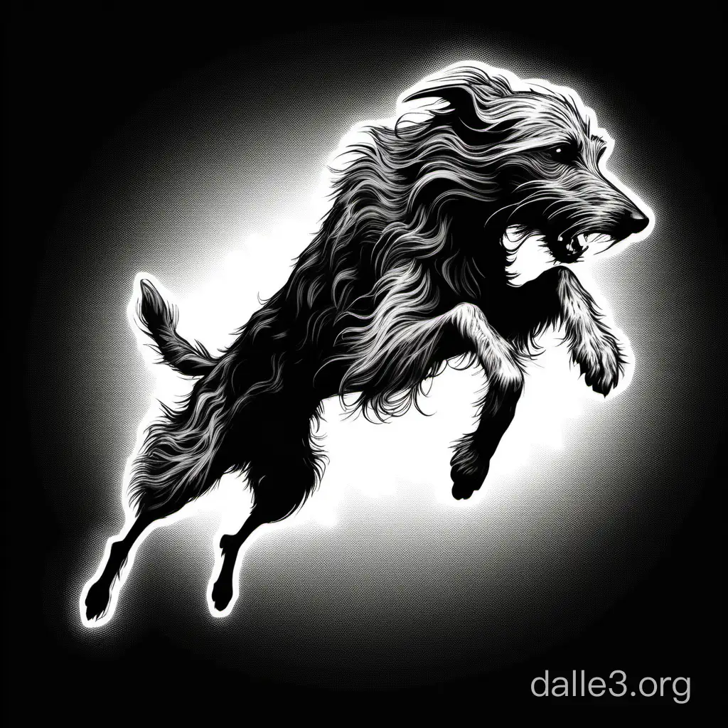 Angry Deerhound jumping black and white black background 2d