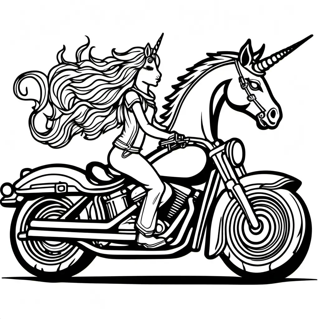 Unicorn riding a Harley Davidson motorcycle, Coloring Page, black and white, line art, white background, Simplicity, Ample White Space. The background of the coloring page is plain white to make it easy for young children to color within the lines. The outlines of all the subjects are easy to distinguish, making it simple for kids to color without too much difficulty