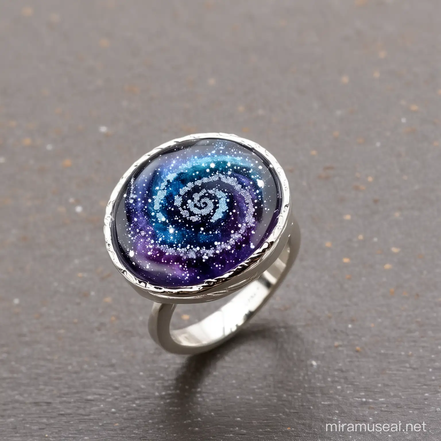 resin ring with a galaxy color effect and silver spiral