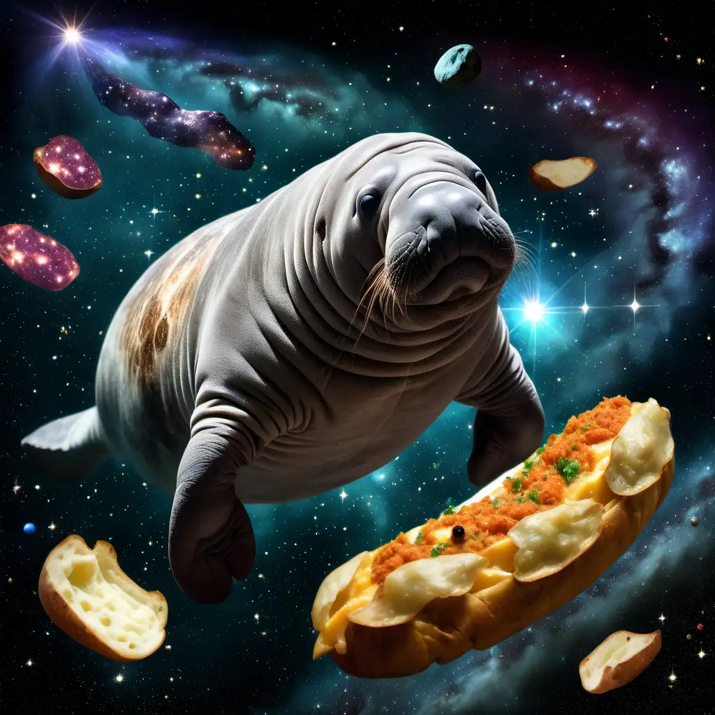 Enchanting Space Journey of a Majestic Manatee Towards a Delectable Baked Potato