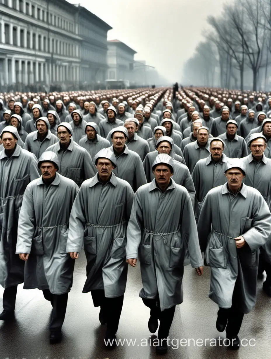 Советские рабочие идут колонной на работу одетые в серую робу, все одинокавые, жалкие и унылые