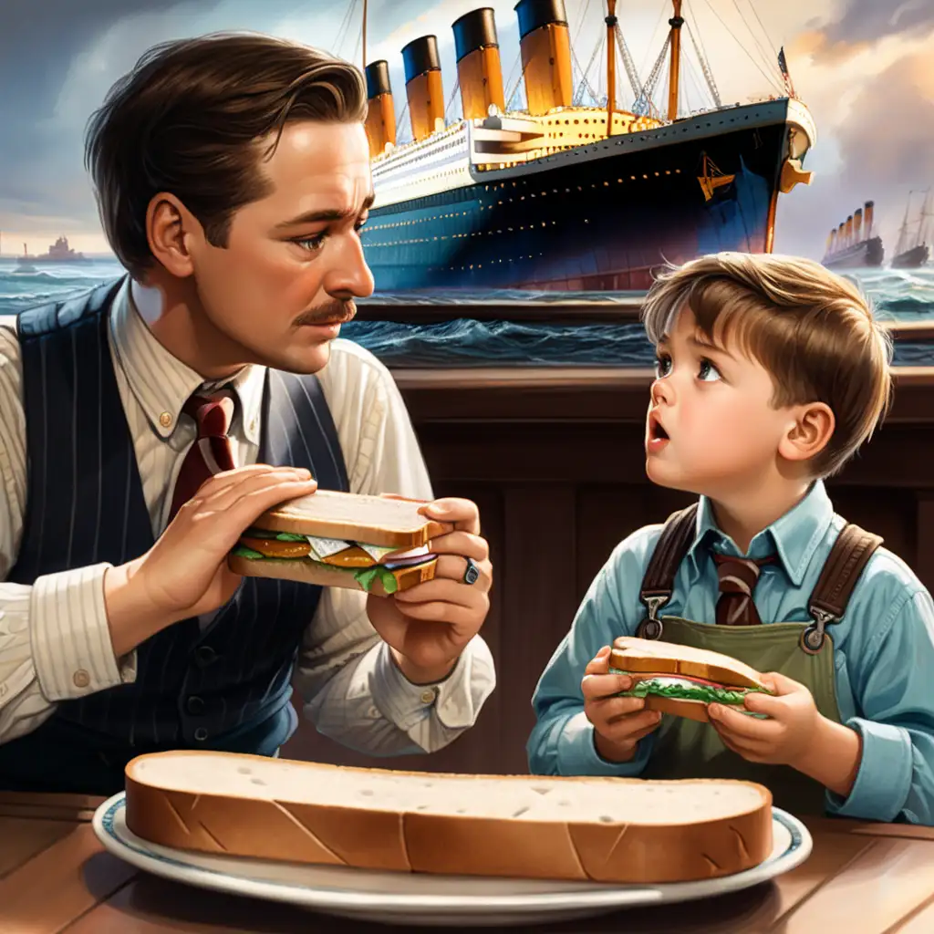 Curious Father and Son Enjoy Titanic View While Sharing a Snack