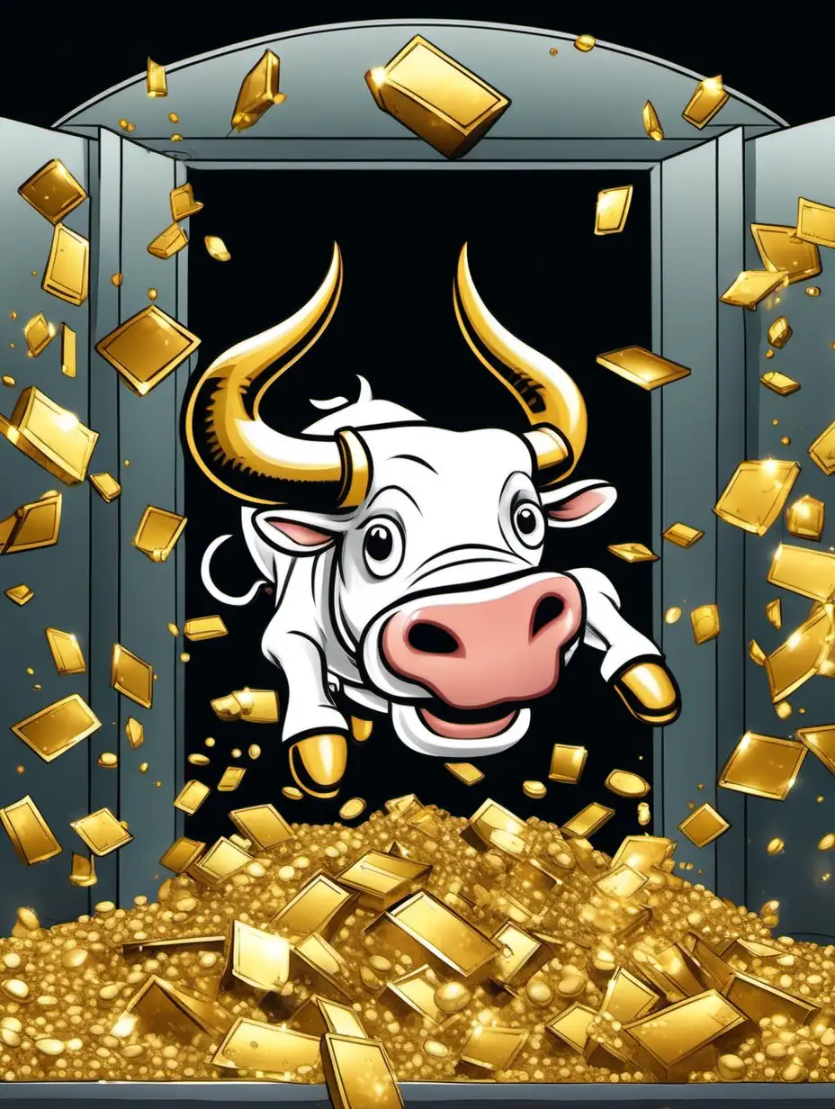 cartoon bull diving into gold from a vault