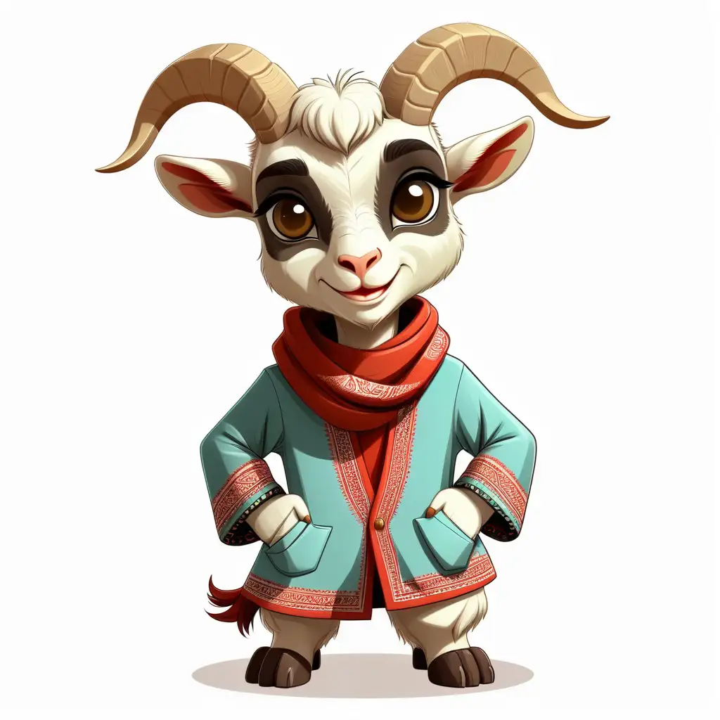 a cute goat in cartoon style with Iranian clothes full body clipart with white background