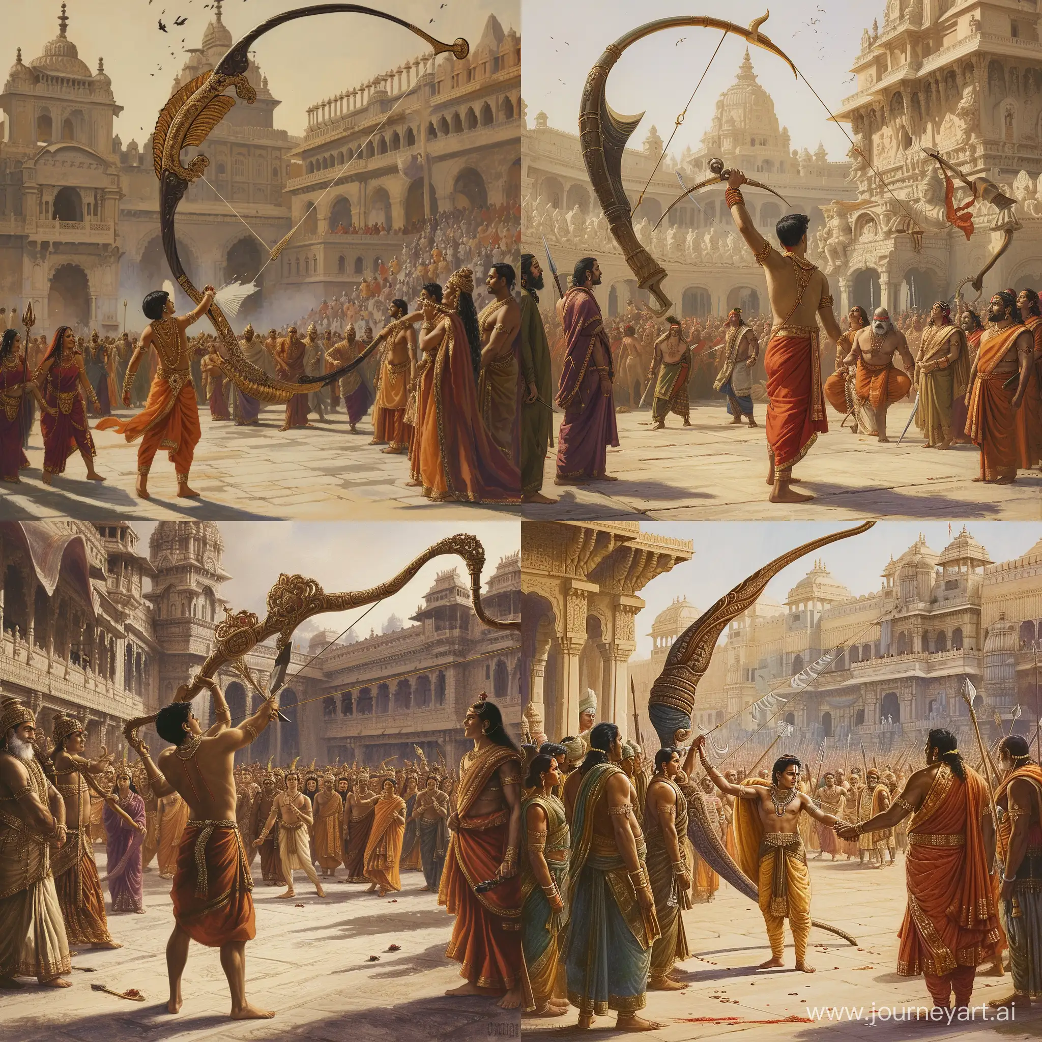 Depict the iconic scene from the Ramayana where Lord Rama, a young and powerful prince adorned in traditional ancient Indian attire, breaks Lord Shiva's bow. The setting is a grand palace courtyard filled with astonished onlookers, including royal figures and sages, dressed in opulent ancient Indian garb. The atmosphere is one of awe and surprise. The bow, enormous and ornate, is depicted in the moment of snapping, emphasizing the strength and divine power of Lord Rama. The background should reflect an ancient Indian palace, with intricate architectural details, and the sky is clear and bright, symbolizing the auspicious moment. Ensure high detail and realism to capture the magnificence and significance of this legendary event