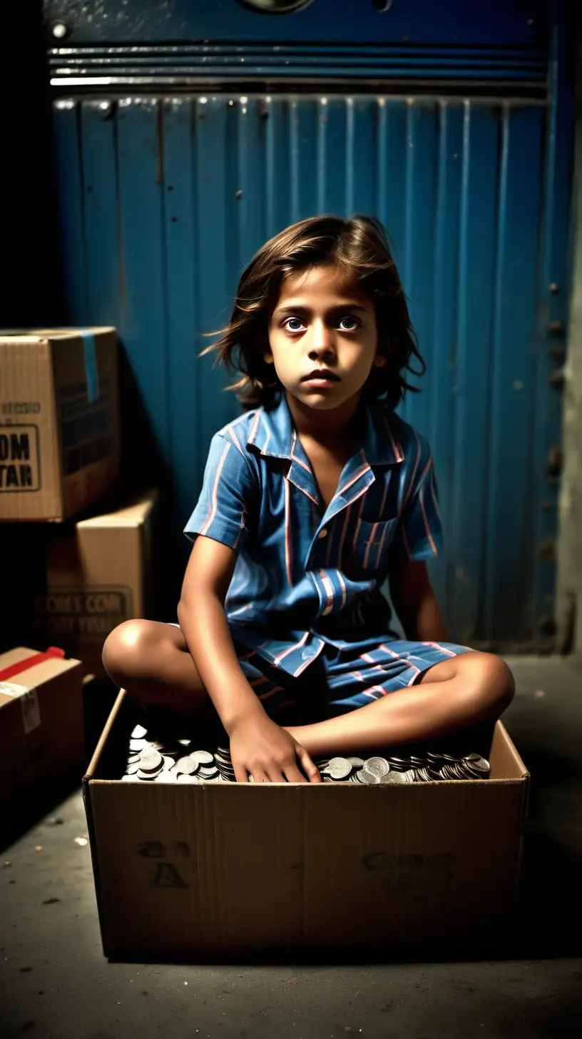 High fashion.
The hotTest day of the year
Dark Wide shot.  A handsome looking confident 6 year old GIRL. and junkie look with eye bags. Barefoot in a very BUSY, and very dirty mexican train station with people around at night light with dark lights bLUE AND RED. He is sitting on many cardboard boxes that lay on the floor. He's begging for change,  one cardboard box is full of coins. and he has more coins.  Dressed in a full real  pyjamas. same top pattern as the bottom part. We must see the logo on the clothes.
it should look like a film with a very dirty look.
Depth in the image
It should have a soft look, with grain from the film. 
shot on a 12mm lens, fish eye effect. 
vintage camera with "Cooke" lenses.
Side light
It should fit the slogan "It's not about where you are, but what you wear" a high fashion shoot

We see depth in the image

