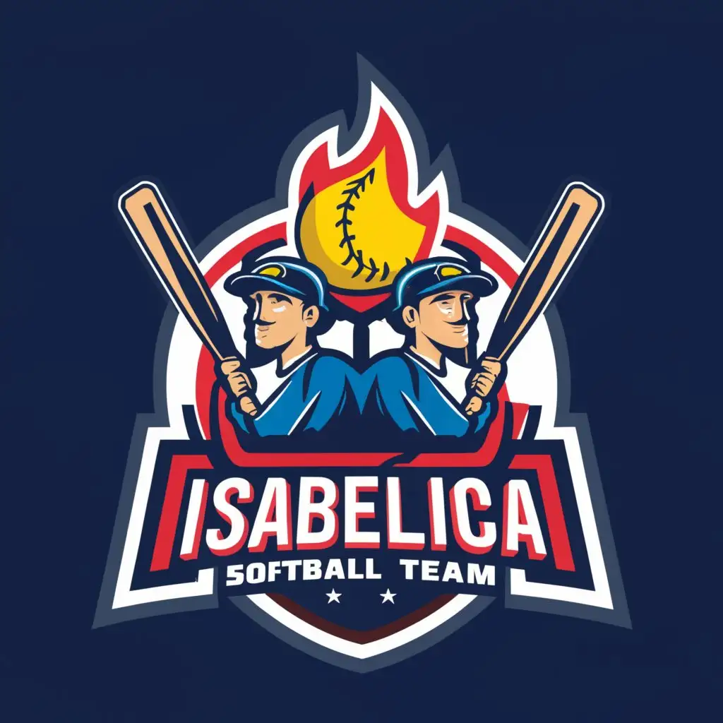 a logo design,with the text "ISABELICA softball team", main symbol:softball team with Venezuelan flag, men team, fireball and bats,Moderate,be used in Sports Fitness industry,clear background