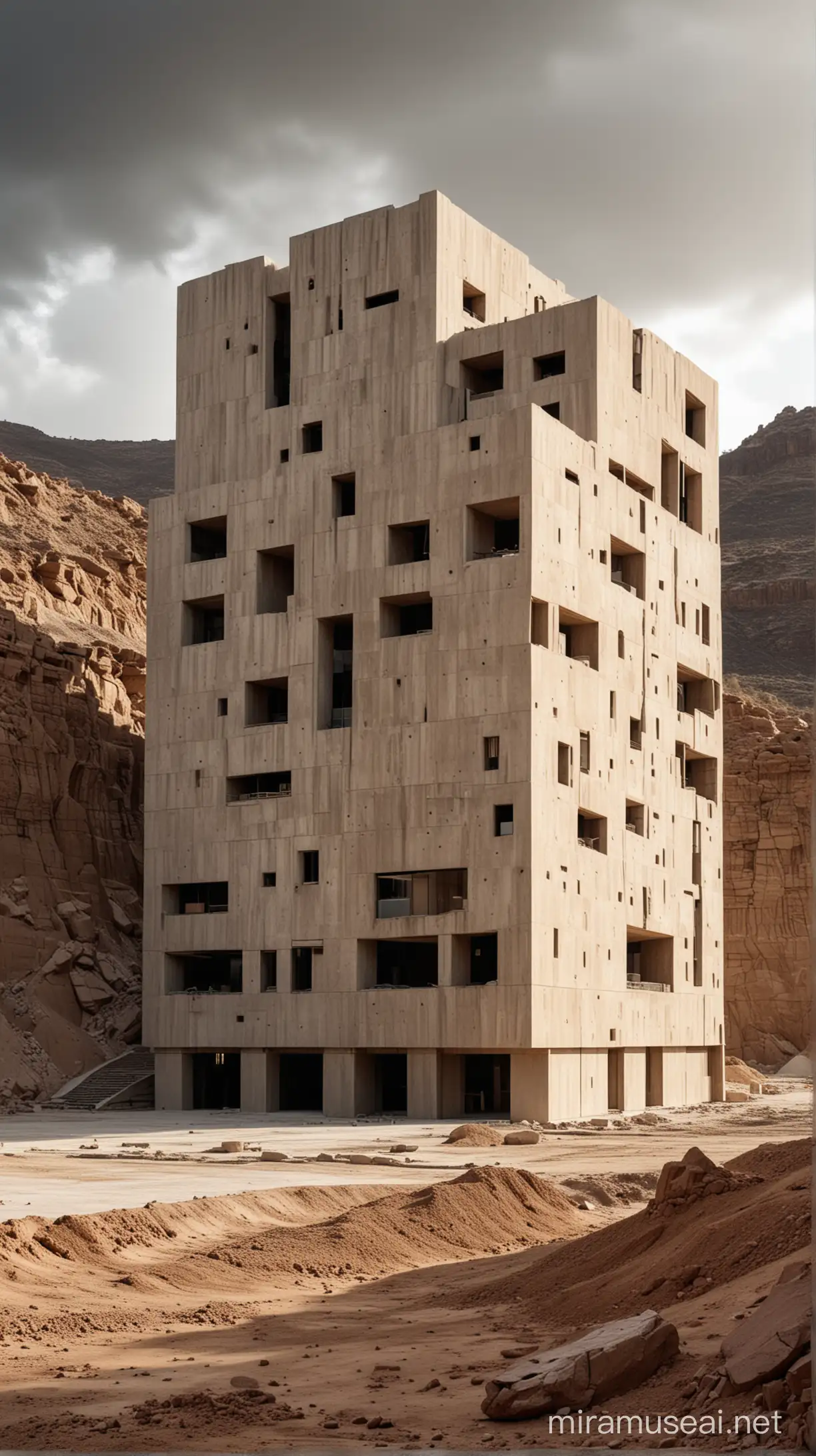 A striking cinematic image of a massive, multi-story building. The structure, constructed from concrete and rammed earth, appears unstructured and unconventional with abstract, unorganized shapes. The building stands in an open-air environment, surrounded by black concrete, with a backdrop of dirt and the raw, textured beauty of white marbre. The lack of people adds to the brooding, hovering atmosphere, making it a captivating, architectural masterpiece., photo, cinematic