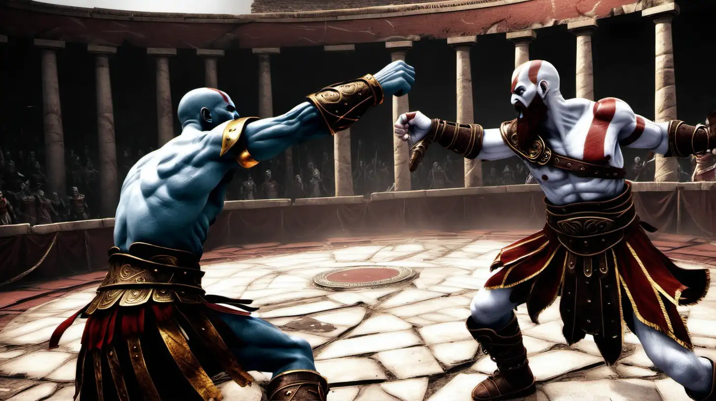 Epic Battle Kratos Confronts Gladiators in a Mythical Showdown