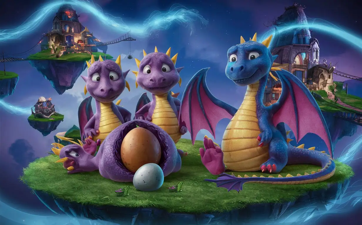 Young magical dragons nesting and laying enchanted dragon eggs one dragon egg halfway out of there butts in a floating sky island town, butts sideways head facing camera with eggs halfway out, all islands at different elevations, hd, fantasy lighting, night, nervous/embarrassed, suspenseful, realistic.
