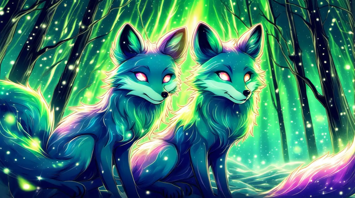 Mystical Anime Aurora Foxes Frolicking in Enchanted Forest