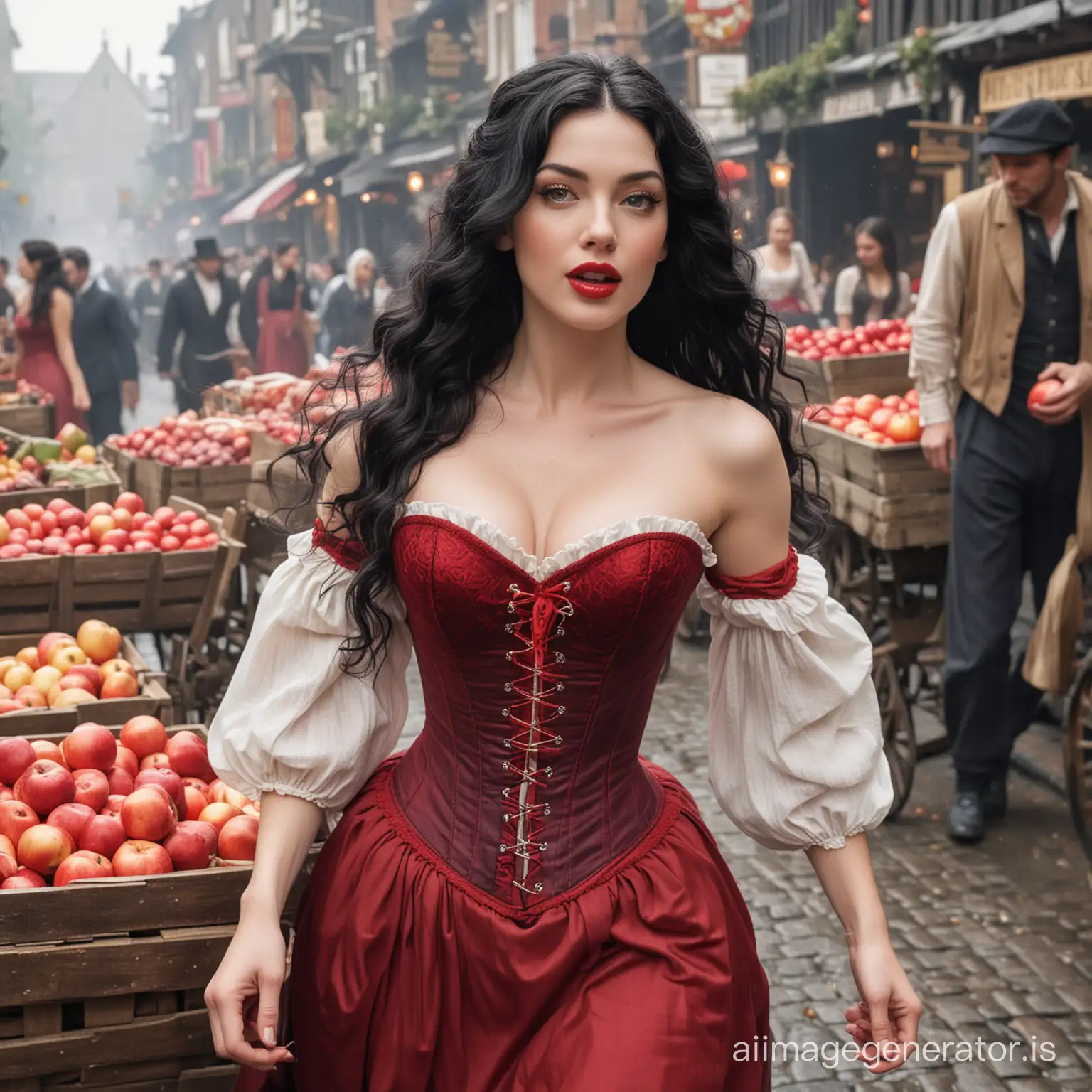 Beautiful woman with long black hair in loose curls, with pale skin and red lips, wearing a red corset and bodice running from a man in a crowded market, while holding a red apple, market vendors selling their wares from old wooden carts in foggy London 1888