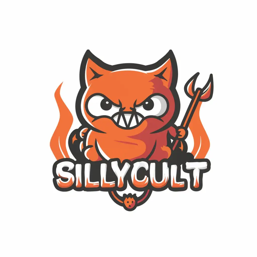 a logo design,with the text "SillyCult", main symbol:Cute fat devil-cat. Text with interesting font. Logo is scarry themed.,complex,be used in Religious industry,clear background
