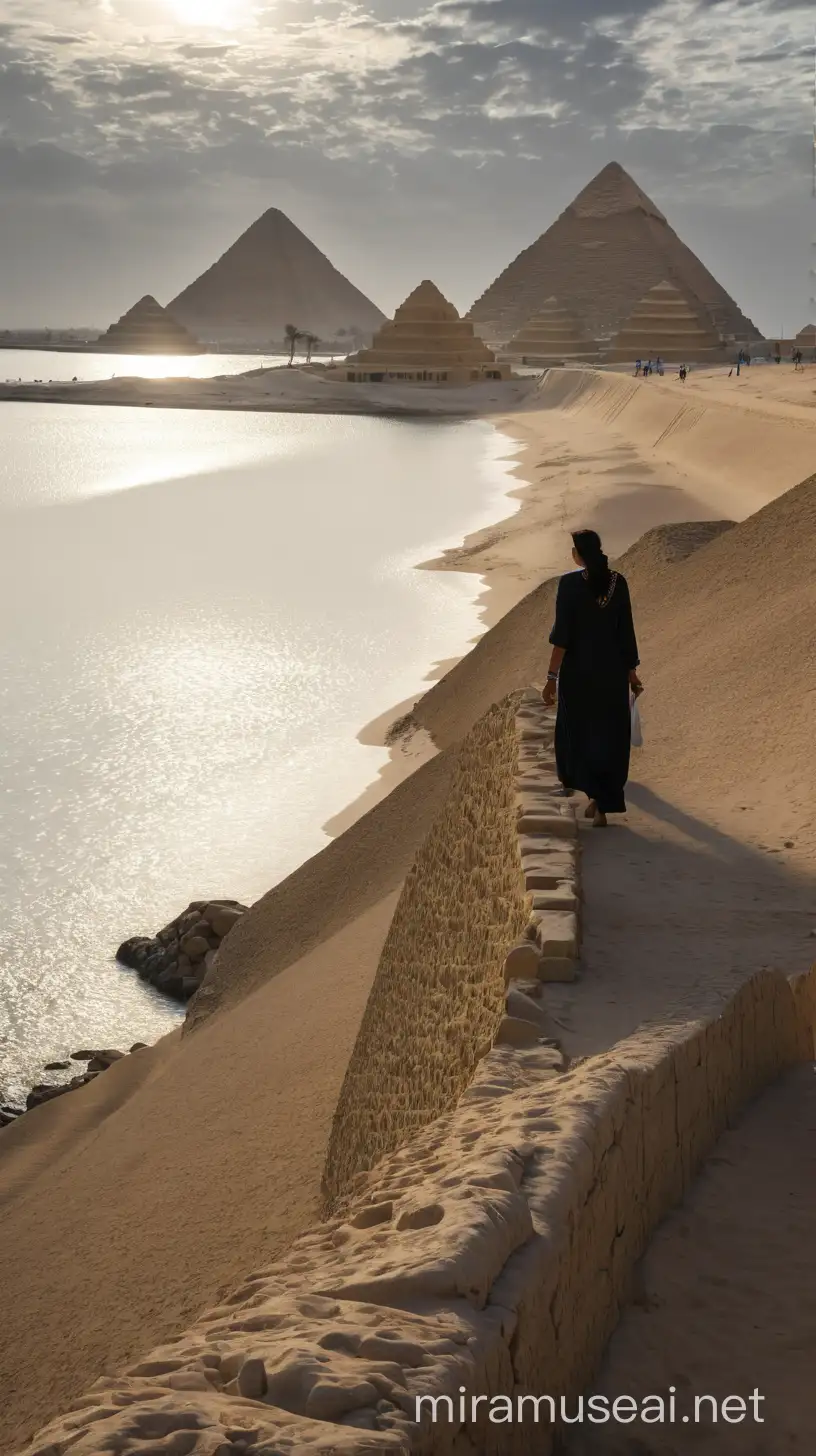 She walking near the sea, Egypt pyramids behind 