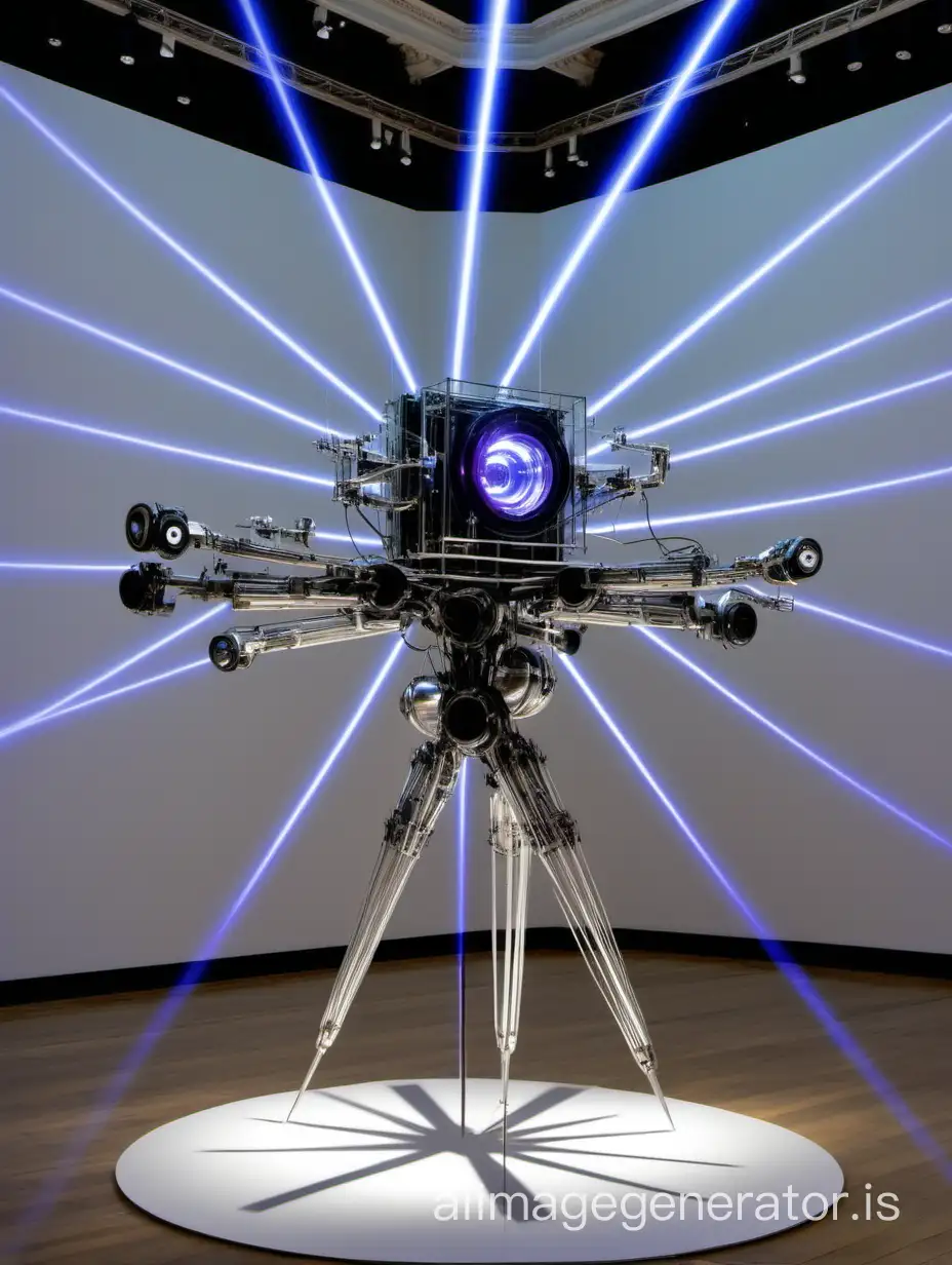 An industrial six-axis manipulator interacts with lasers and mirrors as part of a contemporary art project in front of museum-goers in an incredible contemporary art hall in London.