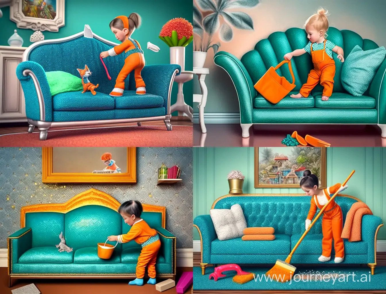 Turquoise-Jumpsuit-Elf-Cleaning-an-Orange-Sofa-HyperRealistic-3D-Digital-Painting