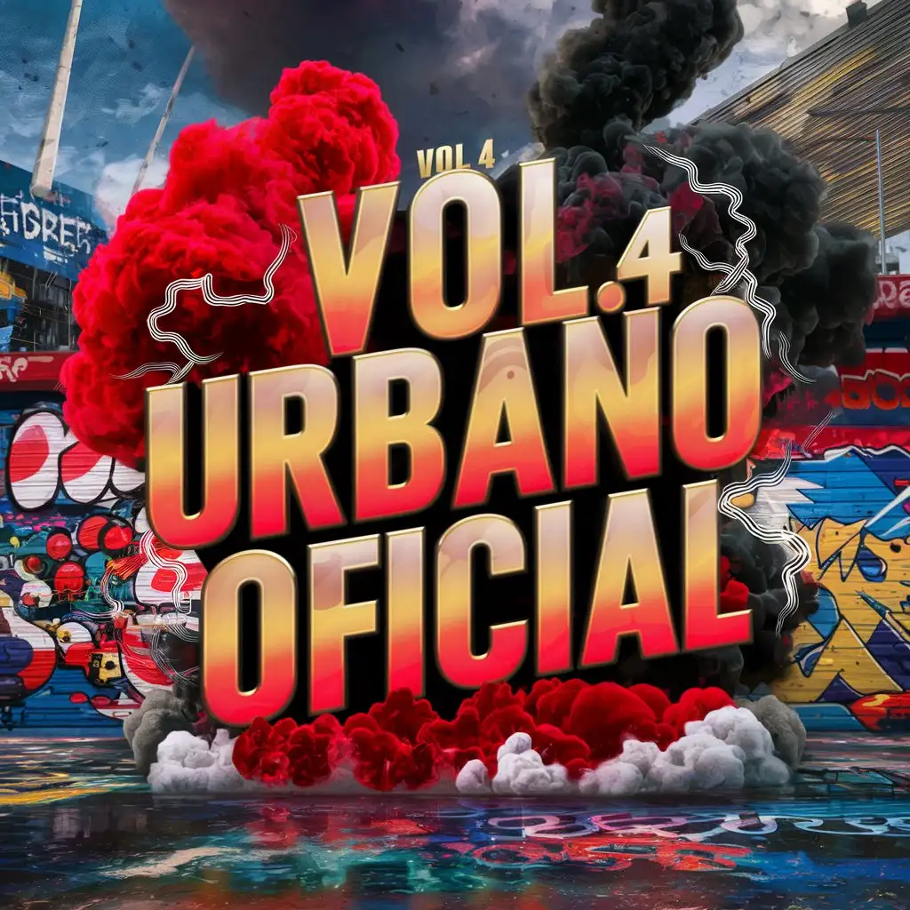 The name " VOL. 4  " Urbano Oficial with red and black smoke thunder, typography, cinematic, 3d render, anime, vibrant, graffiti. and the colors of the Puerto Rican flag in the background


