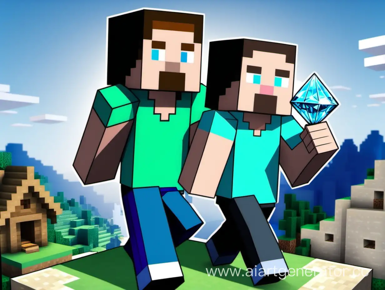 create a preview for me for the minecraft channel, make it so that Steve holds diamonds in his hands and Alex stands next to him and write on the top of Steve "Diamond ba karyndasym?", make a village on the background. And make sure that people are interested in this preview