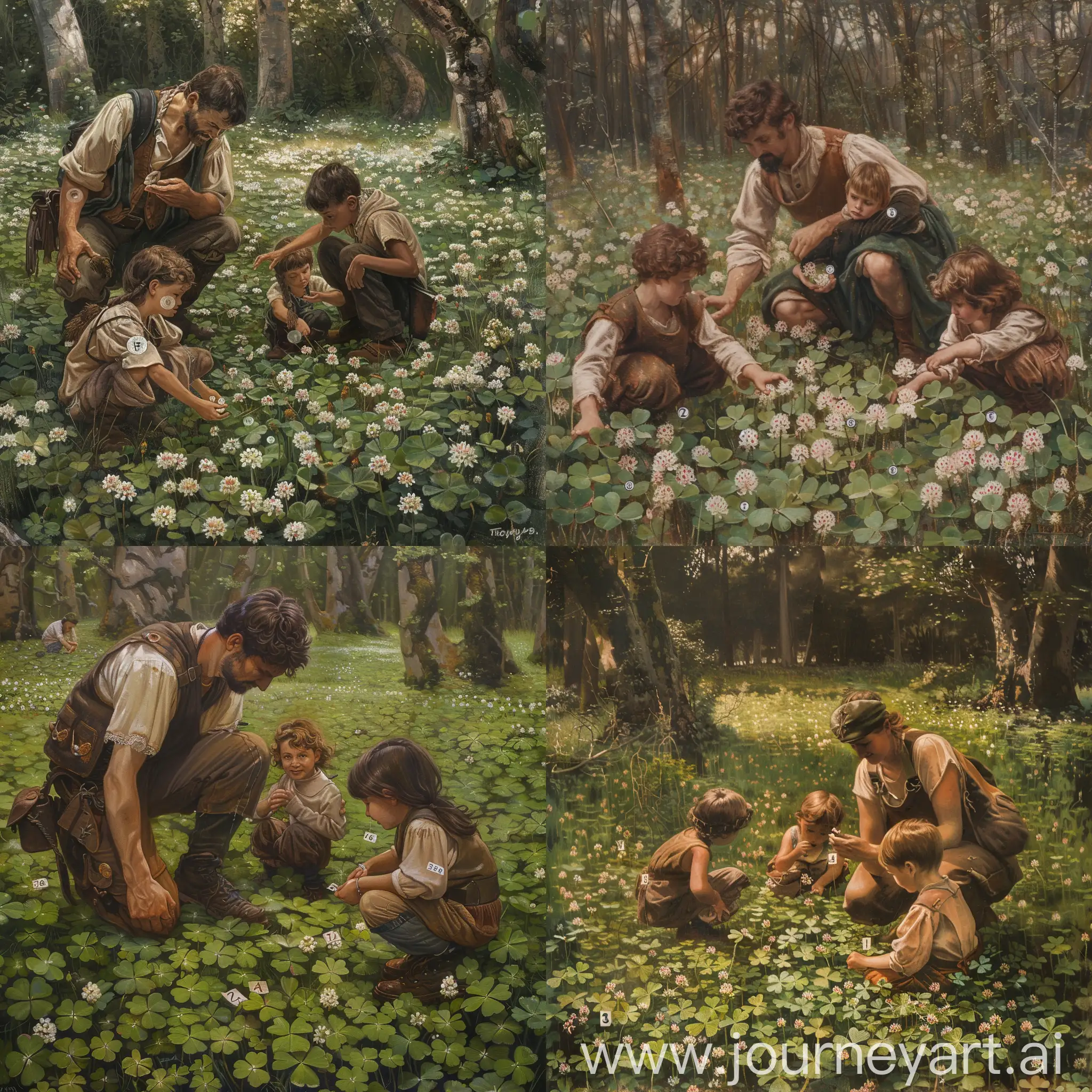 One adult and two children exploring a forest, dressed in rustic style, in a wide field of clover blossoms, squatting and engrossed in observing the clover blossoms, each blossom is labeled with a number. --v 6