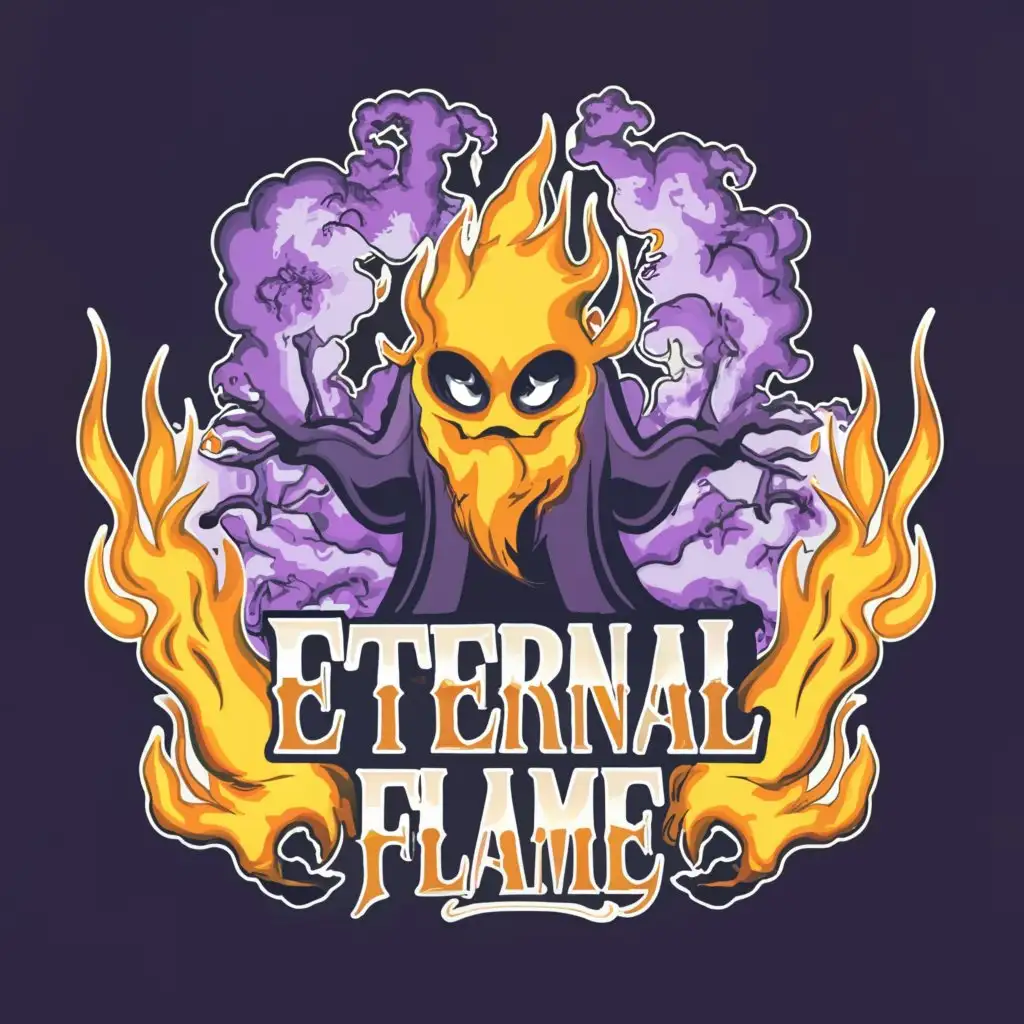 a logo design,with the text 'Eternal Flame', main symbol:fire violet , spooky ghost in clouds ,lightning ,sword , flame ,  complex  , contrast,complex,clear background