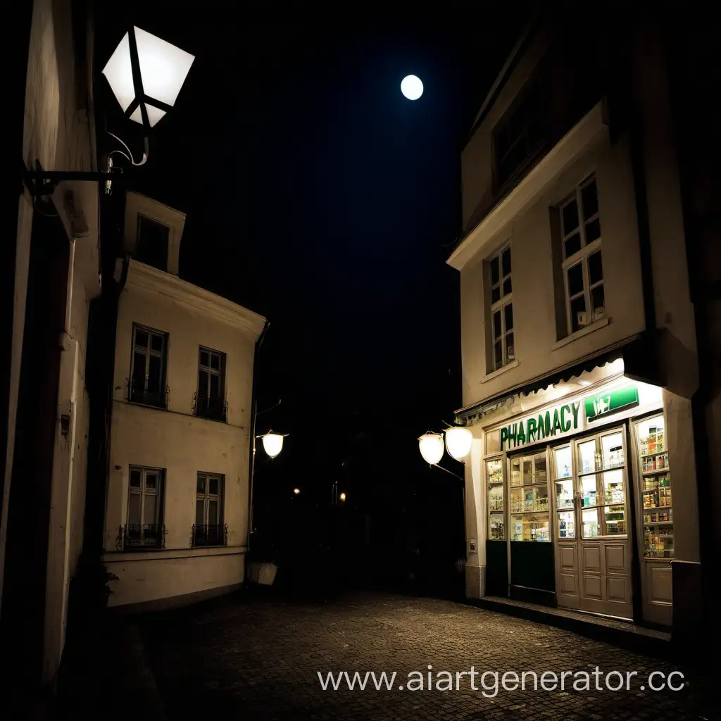 Night-Street-Scene-with-Illuminated-Lantern-and-Pharmacy