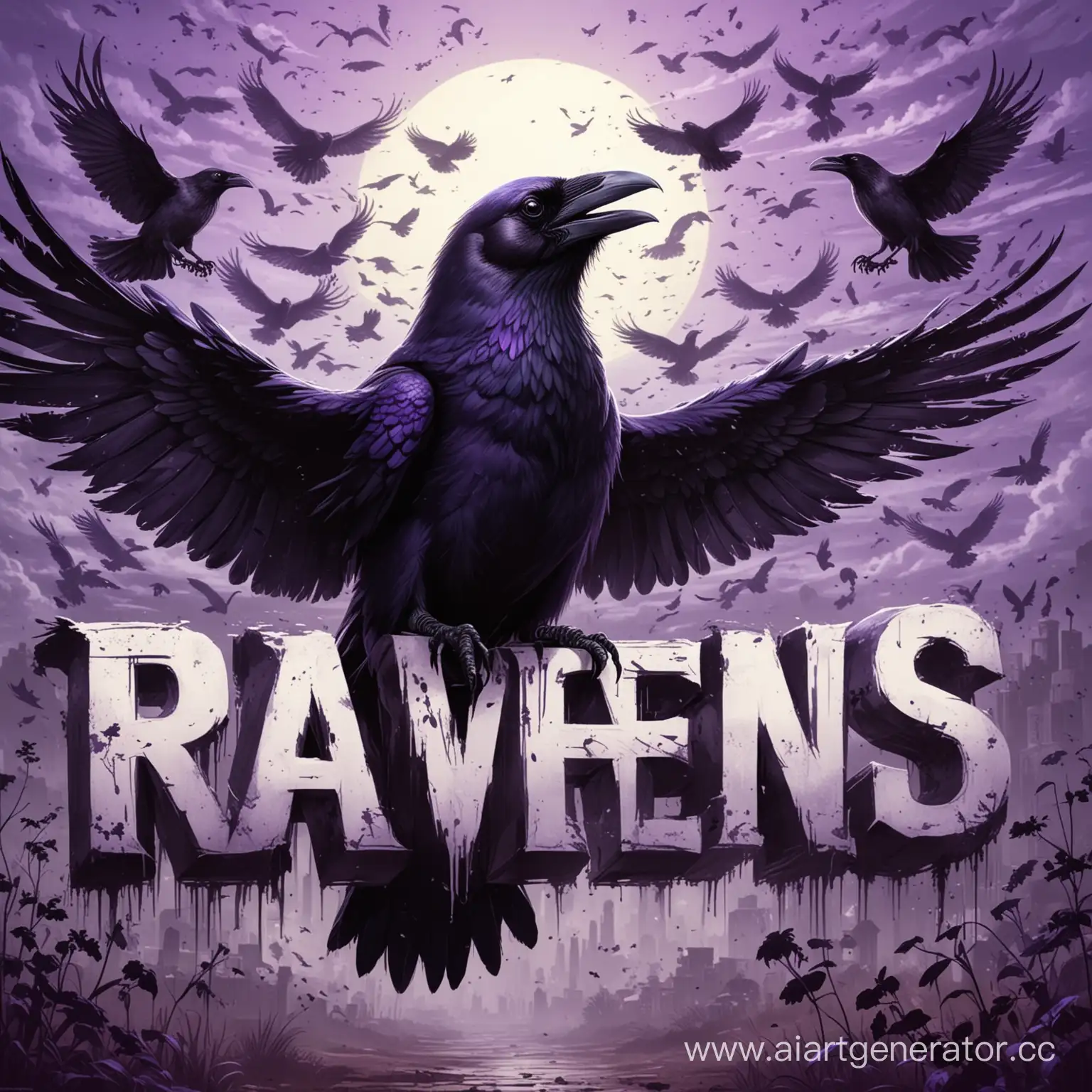 Сделай крутого персонажа ворона, чтобы была надпись RAVENS, картина должна быть чёрна-фиолетовая, на ней летают вороны на заднем плане