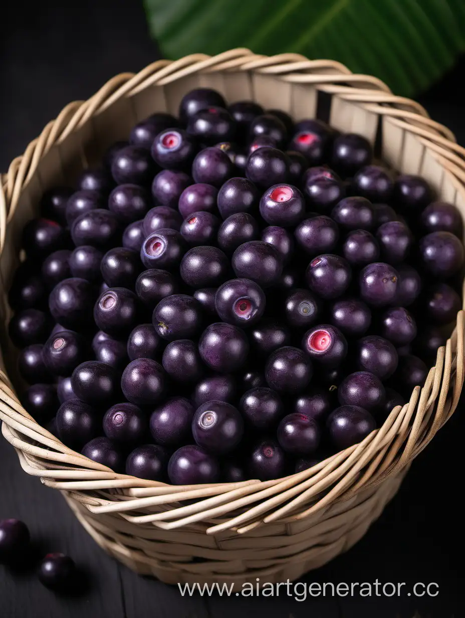 Açaí fruit purple berry in wooden basket some on ground