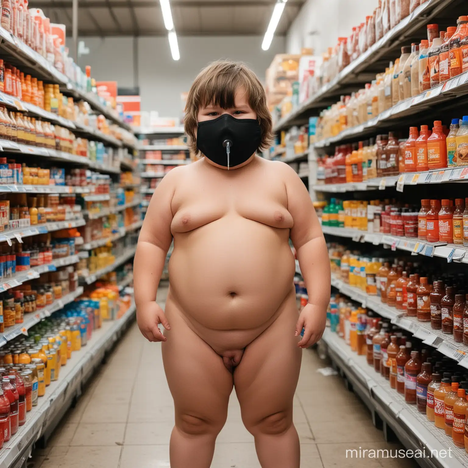 Morbidly Obese little boy taking a poo behind the outside of a super market naked with huge red nipples and long and a middle part haircut with a black medical mask on with vitamin water and fried chicken next to him along with his parents smoking vapes in the background
