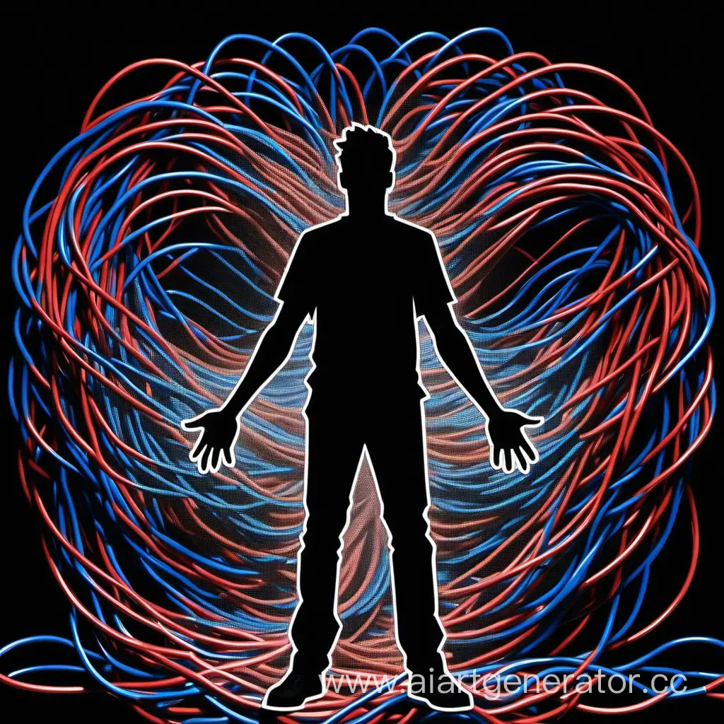 Create an image depicting a person surrounded by a whirlwind of computer cords, while their silhouette transforms into pixel art, with various body parts morphing into digital components as they interact with the computer.”