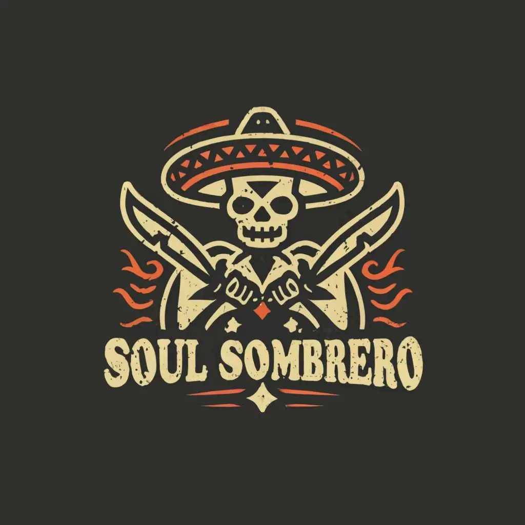 a logo design,with the text Soul Sombrero, main symbol: evil menacing grim reaper wearing a sombrero, cross knives, swords or daggers in hands,Minimalistic,be used in Entertainment industry,clear background
