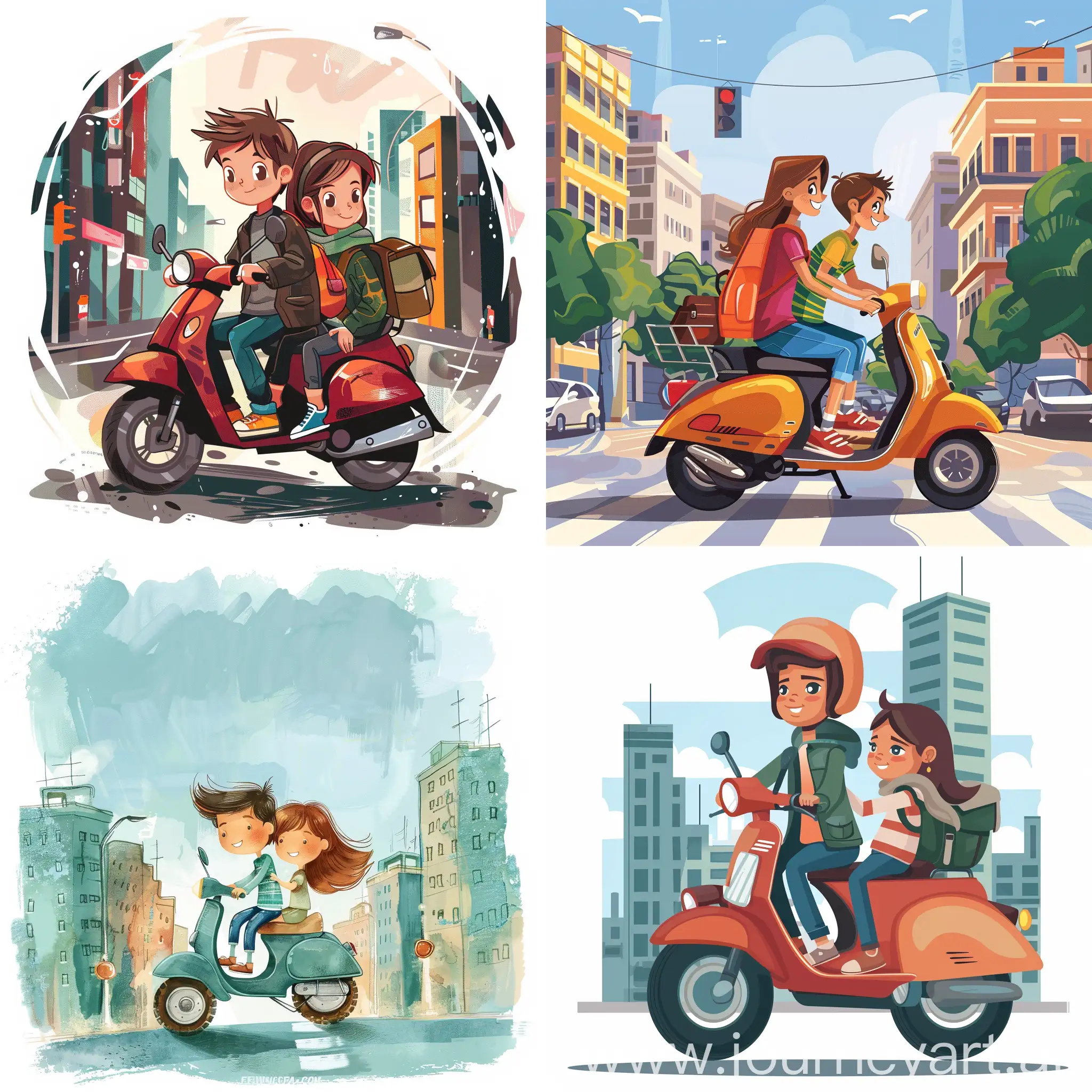 A couple of boy and girl in a moto travel in the city