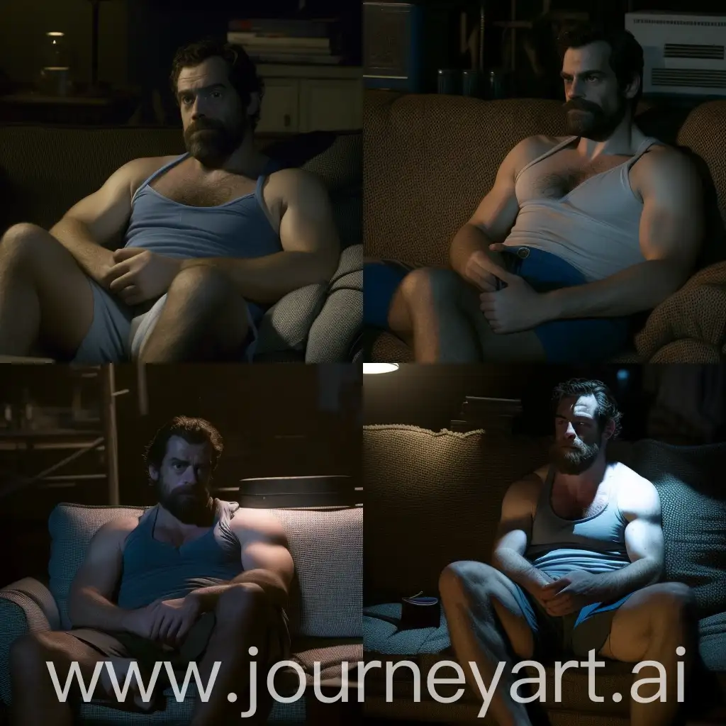 Realistic, cinematic lighting, low lighting at night, handsome burly Henry Cavill sitting on a couch wearing a blue tank top, hands behind his head, hairy armpits, good looking bearded Henry Cavill face, hairy chest, sweaty glistening skin, sitting on the couchrelaxed, legs stretched, with his feet on a footstool, wearing white socks, with his big soles on a footstool table, displaying big white sock soles, rich living room background at night, Tv lighting ambient