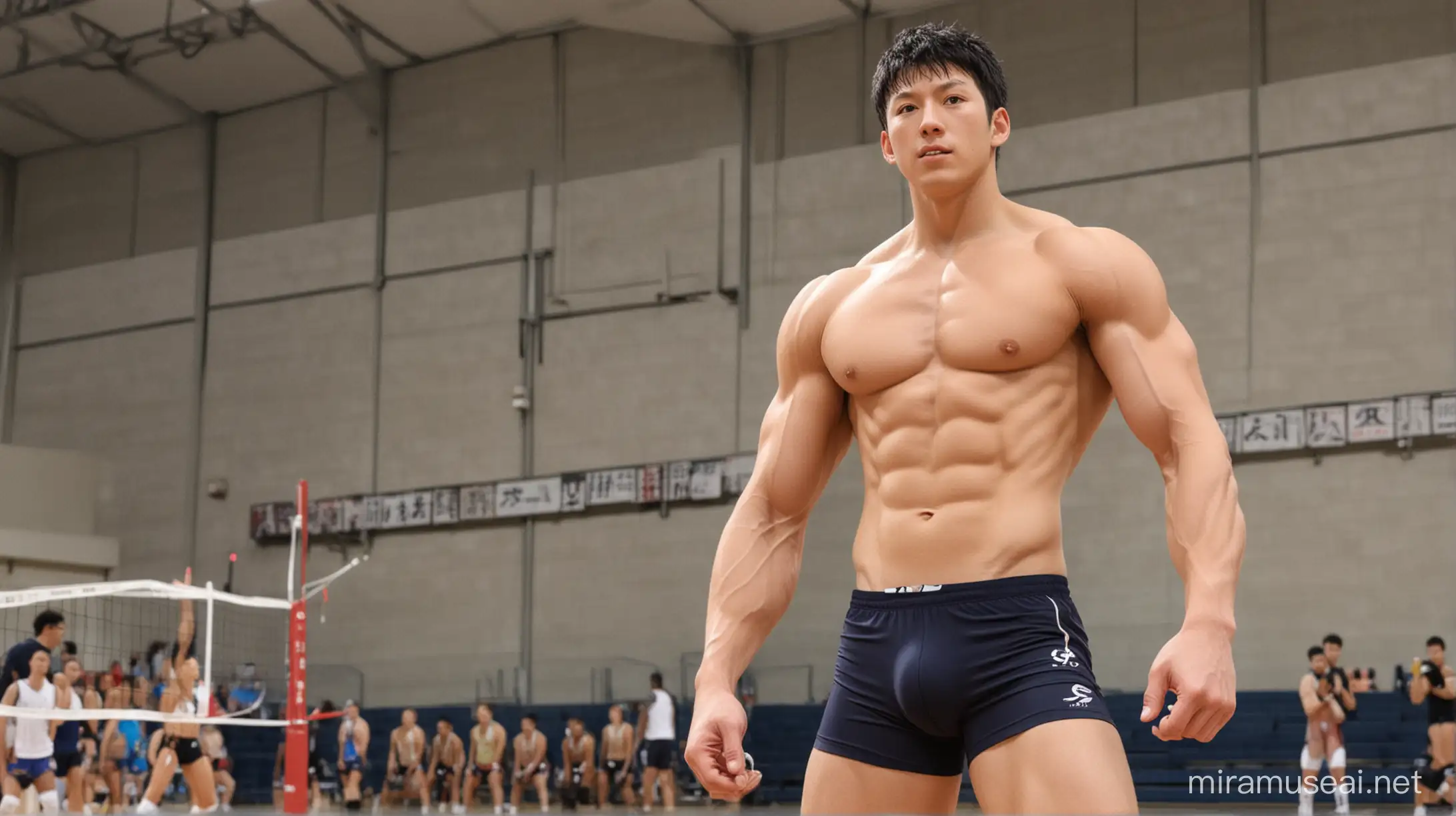 Hinata Shouyou shirtless, very muscular, eight-pack abs, huge biceps, flexing biceps, very tall. In a volleyball court. 